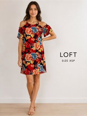 LOFT Floral Cold Shoulder Dress Size XSP Petite Colorful coquette Shift Dress